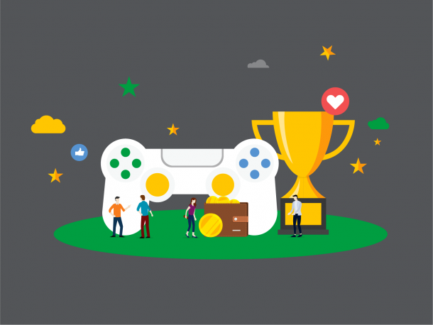 A graphic picture indicating how mobile app gamification leads to a rewarding customer experience and other benefits