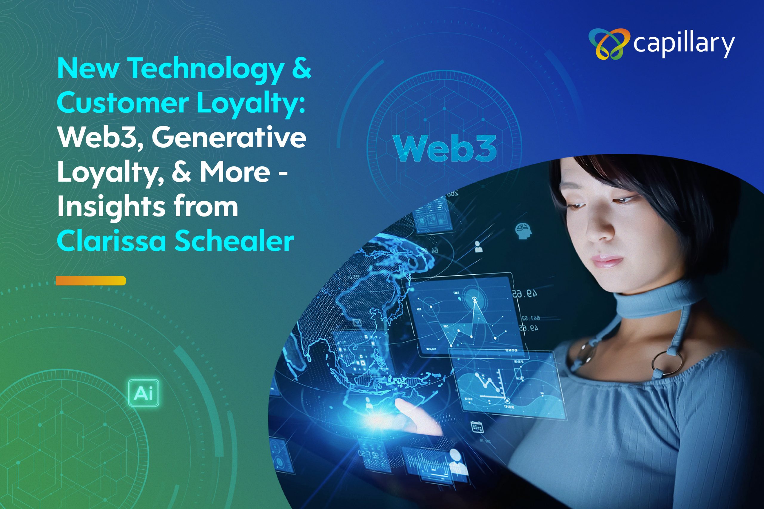 Clarissa Schealer presents on 'New Technology & Customer Loyalty: Web3, Generative Loyalty, & More' with digital interfaces and AI symbols overlaying her image, representing the blend of technology and personalized customer engagement.