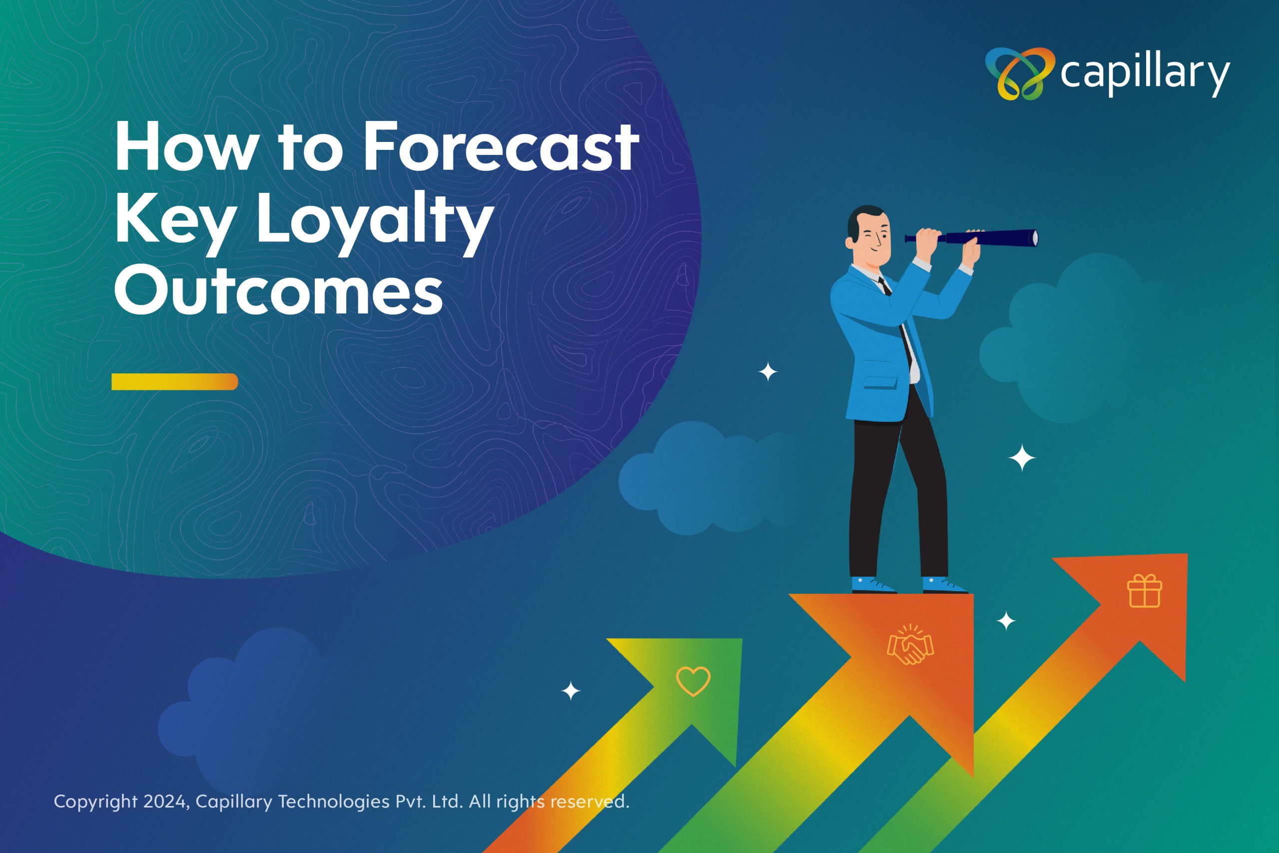 Man with a telescope on growth arrows illustrating strategic vision in loyalty outcomes, branded with Capillary Technologies.