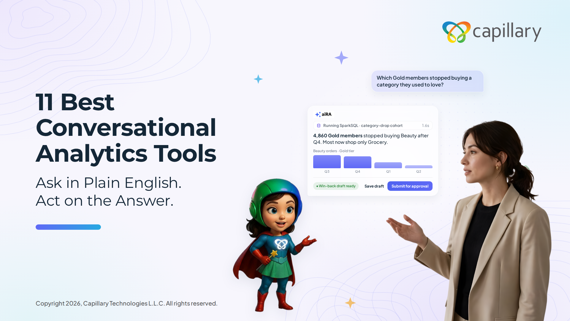 This image features the title: 11 Best Conversational Analytics Tools It also shows a woman talking with aiRA by Capillary, an analytics agent, for help finding a problem and launching a campaign to solve it quickly.