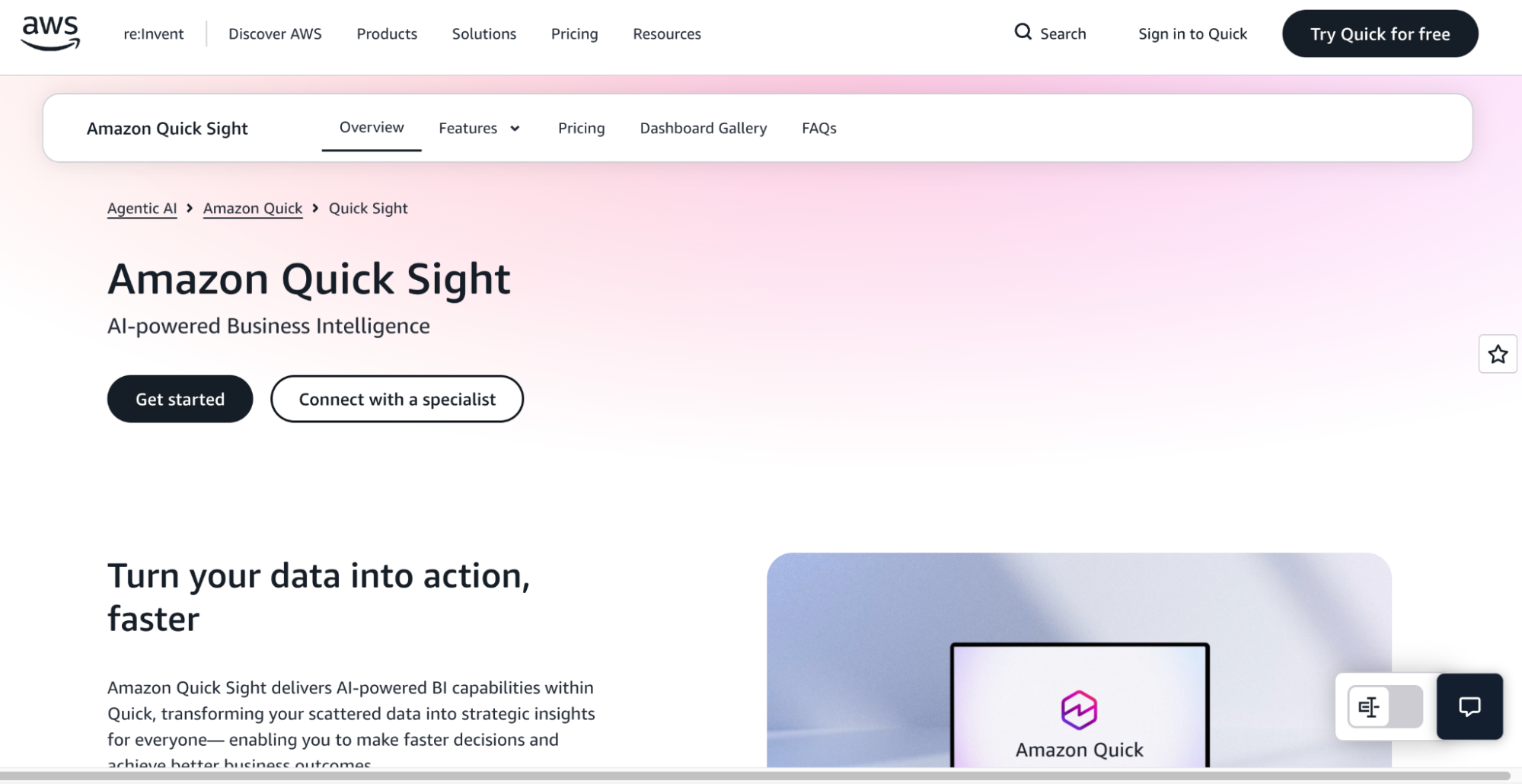 Screenshot of Amazon QuickSight webpage