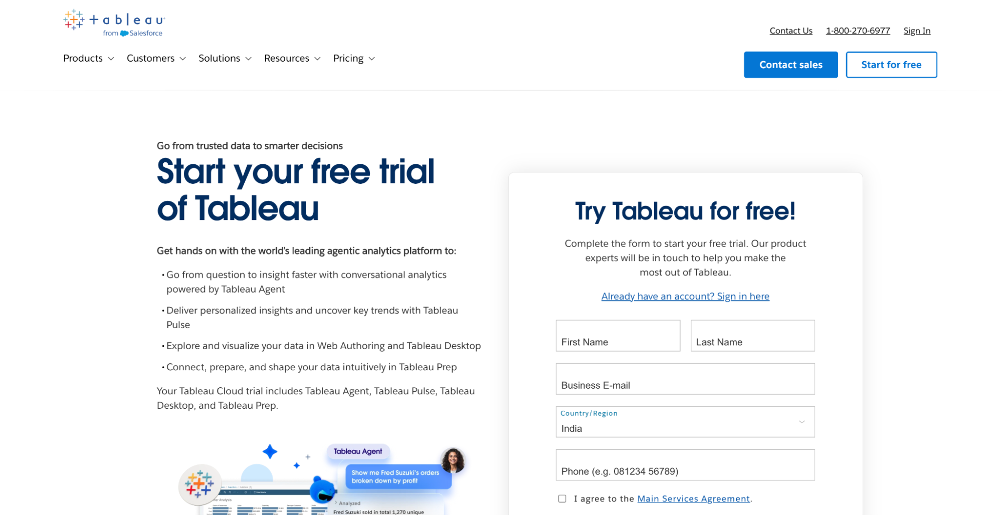 Screenshot of Tableau product page