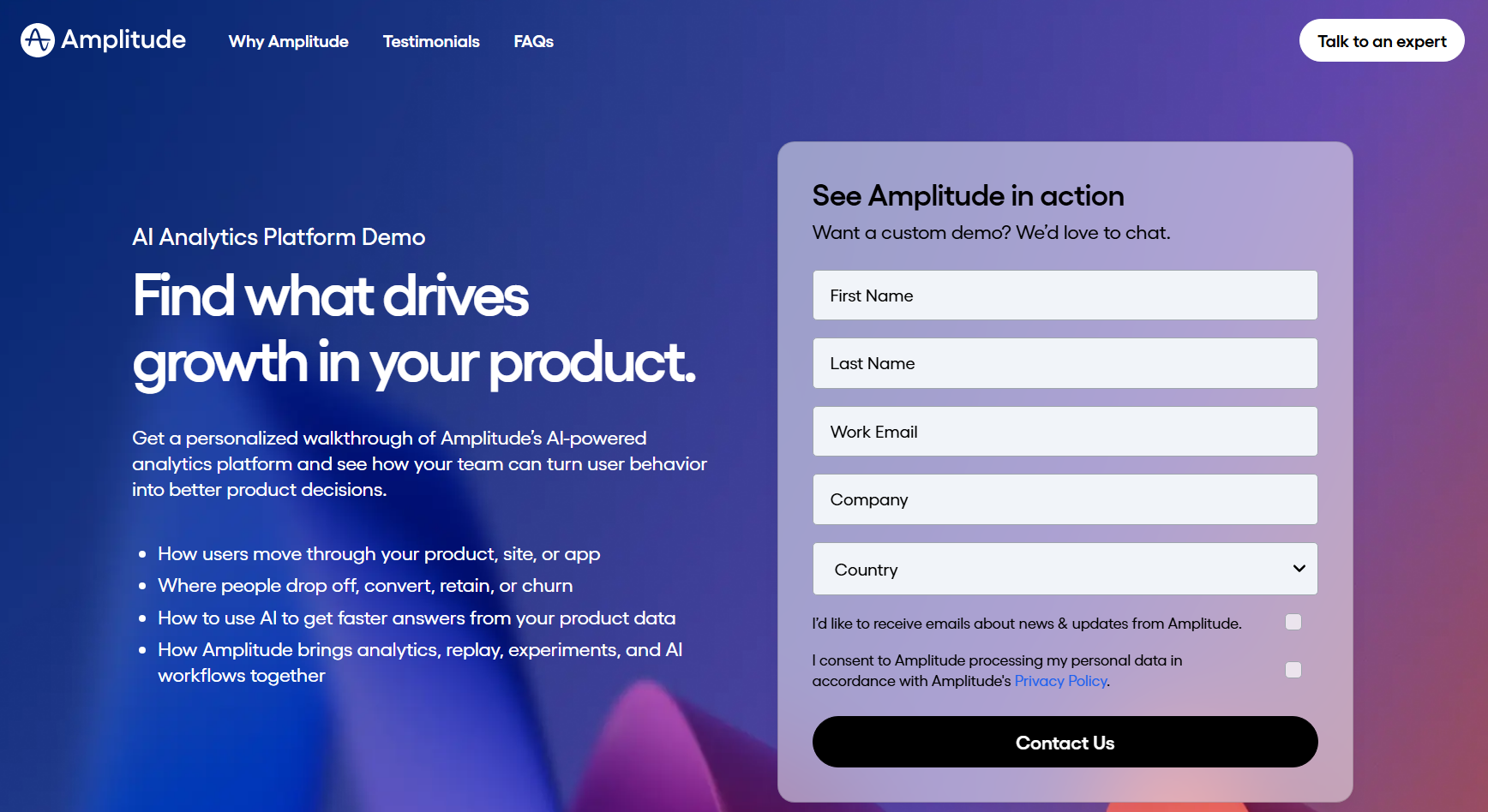 Screenshot of Amplitude webpage, a marketing analytics tool