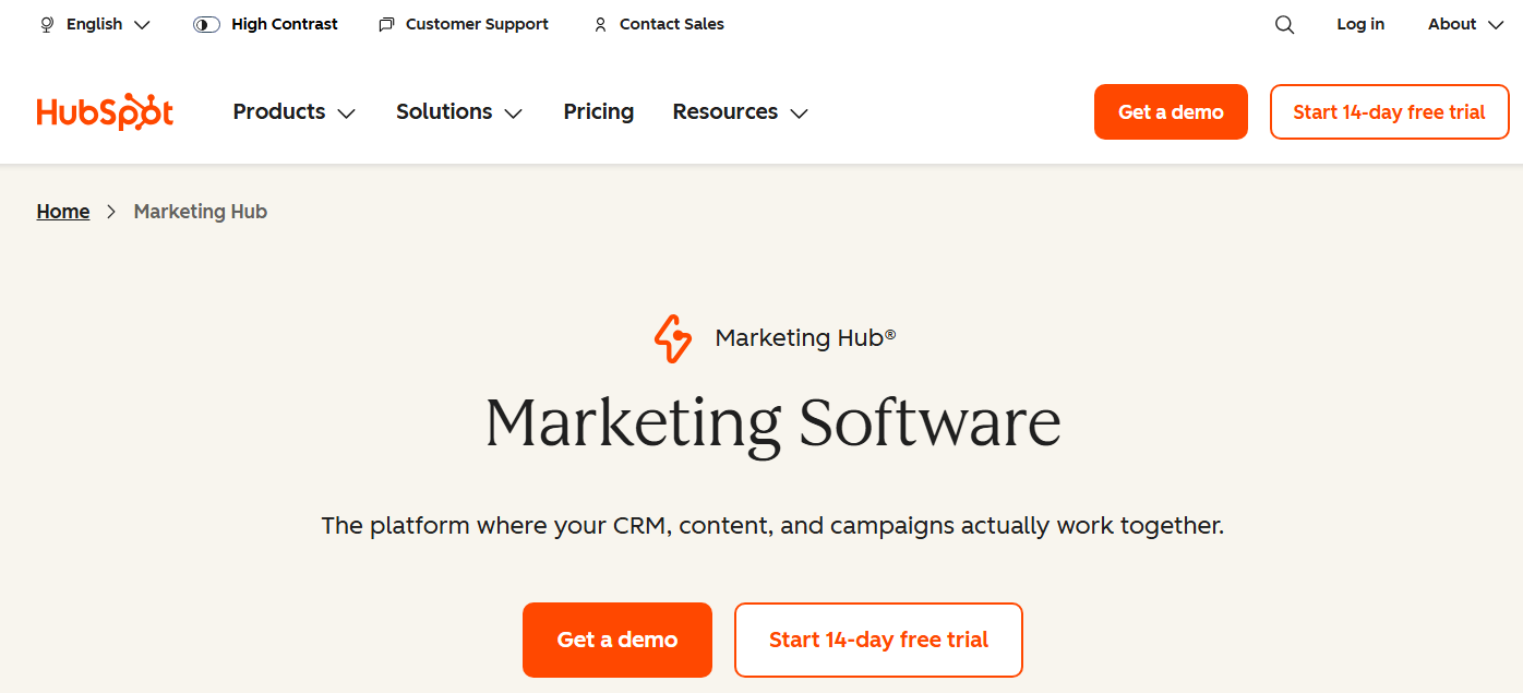 Screenshot of Hubspot Marketing Hub webpage, a marketing analytics tool