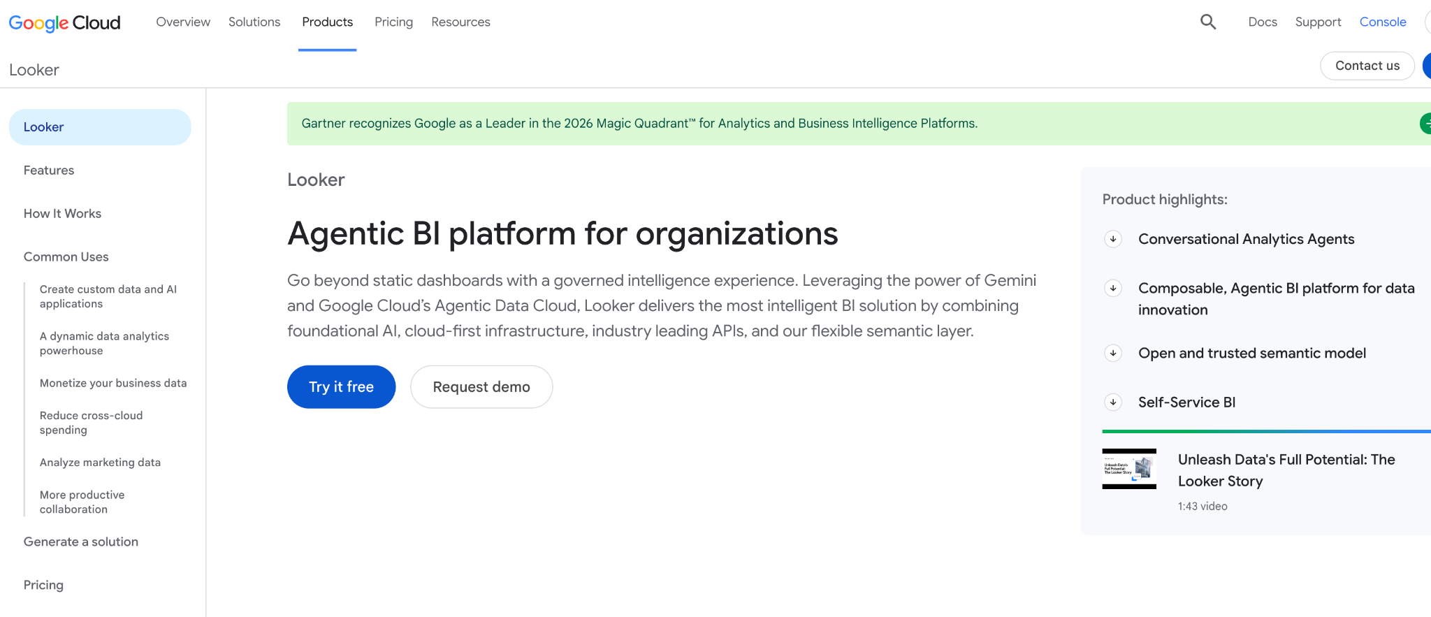 Screenshot from Google Cloud products page, showing info about Looker