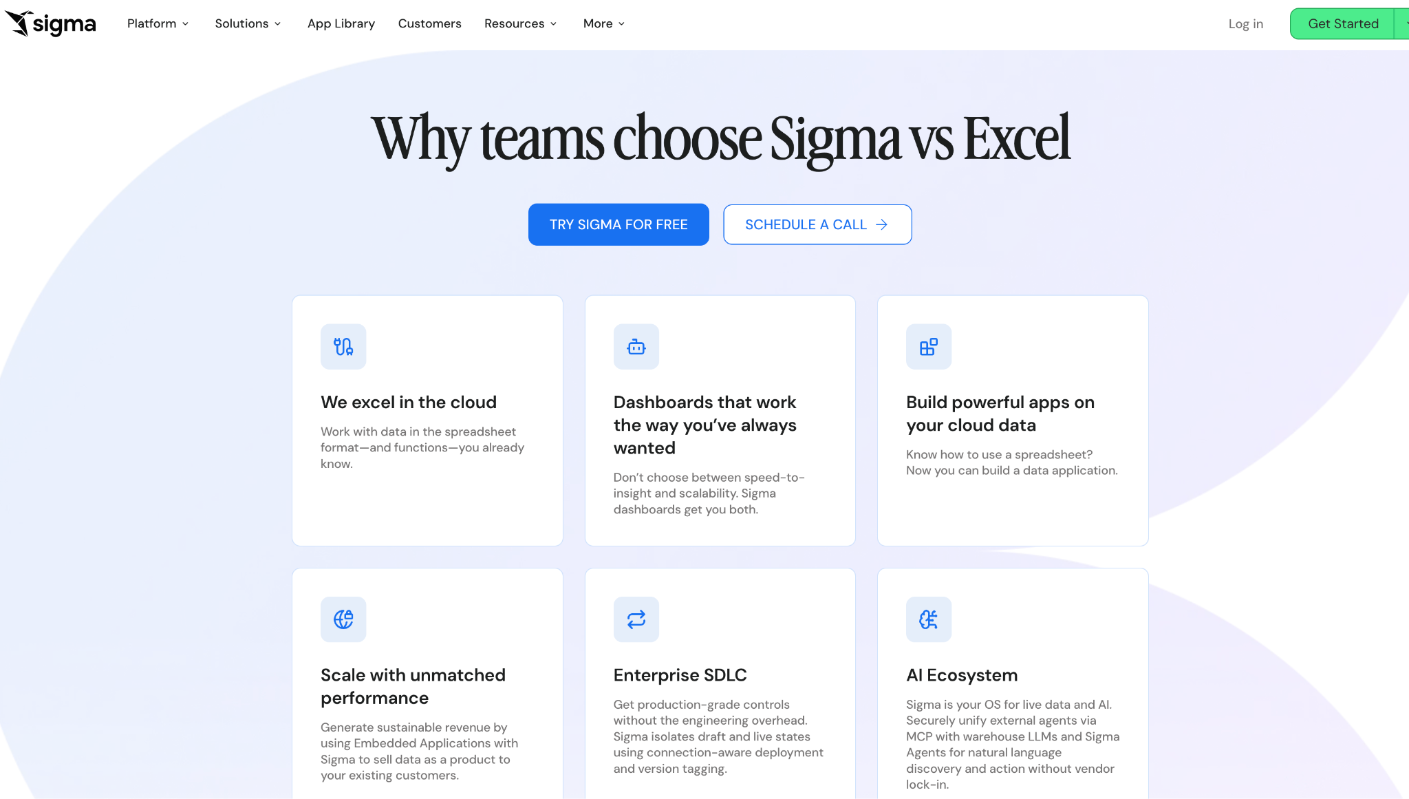 Screenshot from the Sigma website showing info about Sigma vs Excel